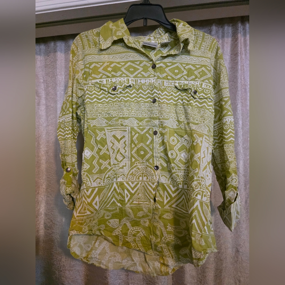 Chico's Olive Geometric Button Down Shirt